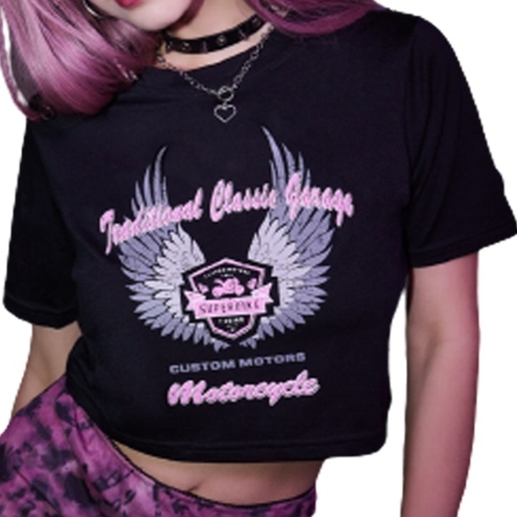 Angel Wings Biker Punk Cropped Top Tee Tank Shirt Short Sleeve Cotton NIP - Picture 3 of 11
